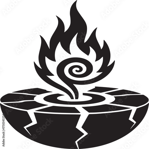Dynamic cracked earth logo with swirling flame evoking power and destruction in simple black and white
