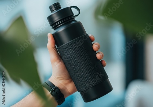 Hand holding a black reusable water bottle with a textured grip, surrounded by green leaves, promoting hydration and ecofriendly lifestyle choices