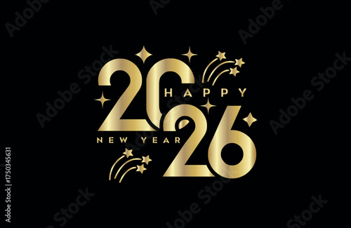 Golden 2026 happy new year text with fireworks and stars on a black background