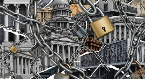 A close-up view of metal chains and padlocks in front of the US Capitol Building, symbolizing a government shutdown with a somber mood.