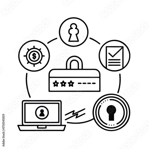 Digital key securing online accounts and user authentication vector line art on white background
