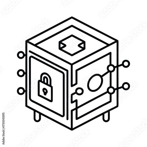 Digital safe storing sensitive information under cyber protection vector line art on white background