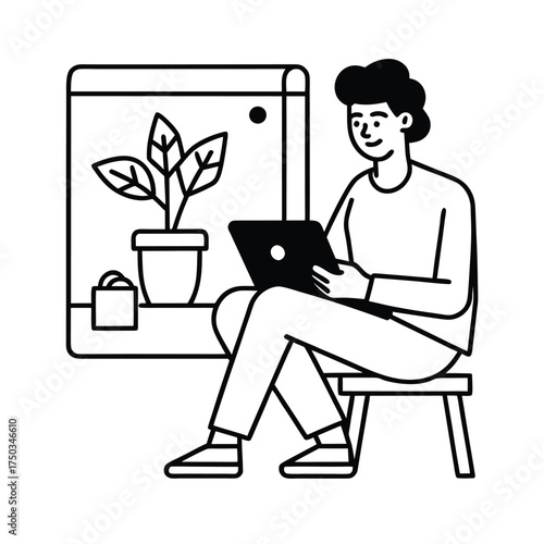 Freelance artist painting on digital tablet in creative studio vector line art on white background