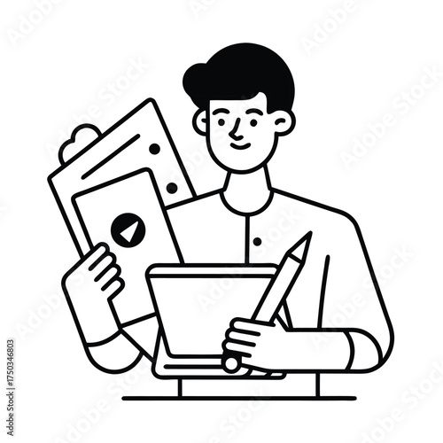 Freelance illustrator creating digital artwork on graphic tablet vector line art on white background