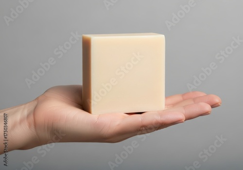 A hand holding a plain, rectangular bar of soap, isolated on a plain grey background