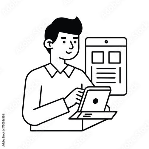 Freelance developer working on mobile app user interface design vector line art on white background
