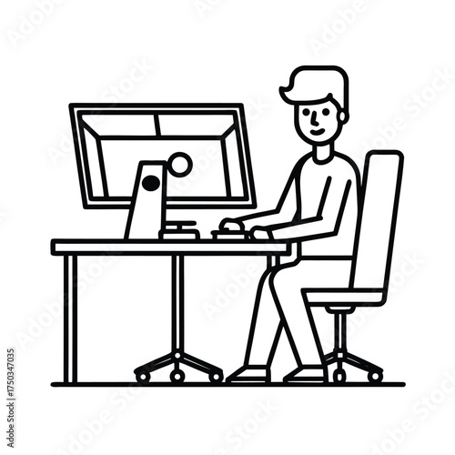 Freelance video editor editing content using dual monitor professional workstation vector line art on white background