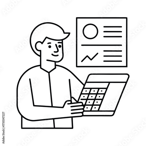 Freelancer calculating earnings and expenses using digital tools financial planning vector line art on white background