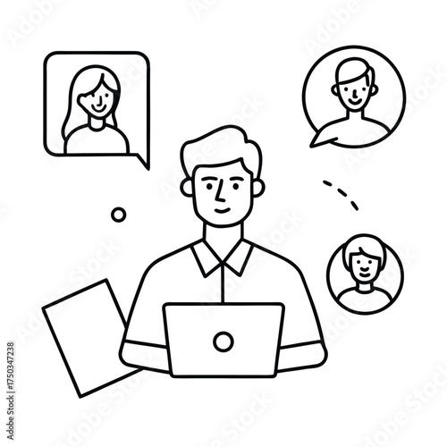 Freelancer communicating with clients using email application online connection vector line art on white background