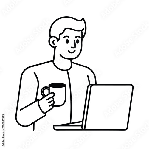 Freelancer holding cup of coffee while checking news on laptop morning routine vector line art on white background
