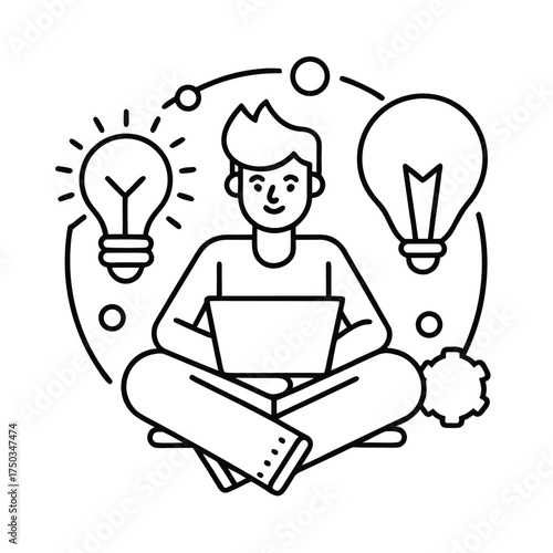 Freelancer taking creative break and brainstorming new ideas relaxation concept vector line art on white background