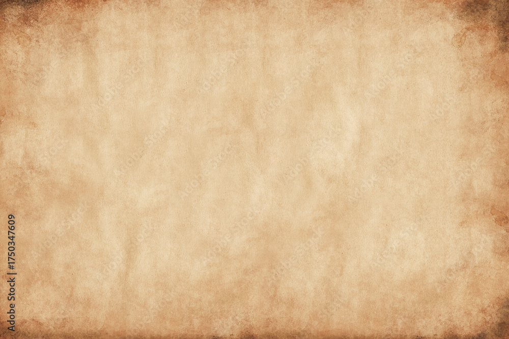 Fototapeta premium Aged parchment paper background with a textured, stained surface and darkened, burnt-looking edges.