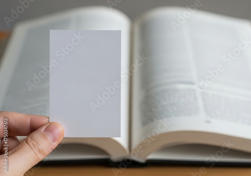 A hand holds a blank white card in front of an open book, ready for text or design