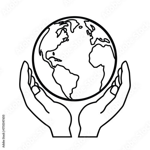 Hands holding earth global unity and environmental protection concept vector line art on white background