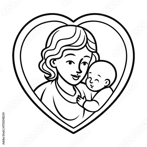 Mother and baby heart family love connection maternal care concept vector line art on white background