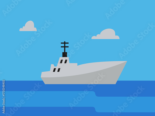 illustration of a gray warship or patrol boat sailing on a deep blue ocean beneath a bright blue sky with two white clouds