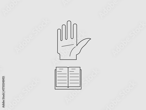 A simple line art graphic showing an open hand raised above an open book with lines representing text