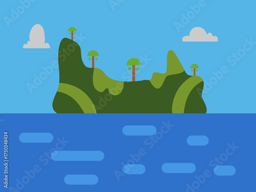 A colorful landscape illustration featuring a prominent green hilly island with palm trees