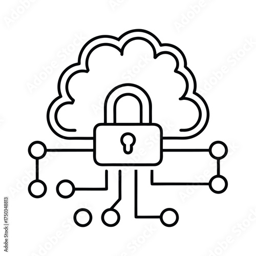 Secure cloud backup process with lock and circuit encryption protection vector line art on white background