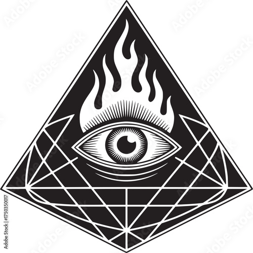 Intriguing all seeing eye pyramid ablaze with flames, perfect for edgy designs and mysterious themes