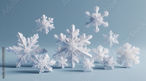 “White Snowflakes on Blue Background – Winter Season, Frost, Ice Crystal Decoration”