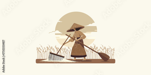 Graphic illustration of a farmer in a conical hat working in a field with a long tool, under a warm sun, depicting traditional agricultural practices and peaceful rural life