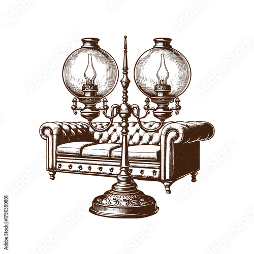 Vintage Three-Light Oil Lamp with Victorian Furniture