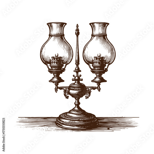 Vintage Three-Light Oil Lamp with Victorian Furniture