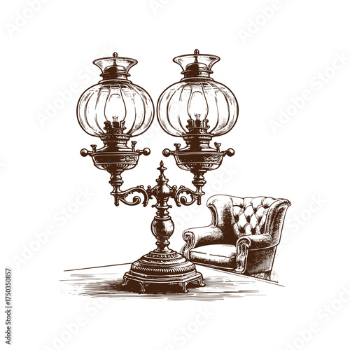Vintage Three-Light Oil Lamp with Victorian Furniture