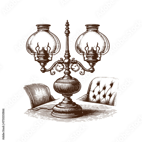 Vintage Three-Light Oil Lamp with Victorian Furniture