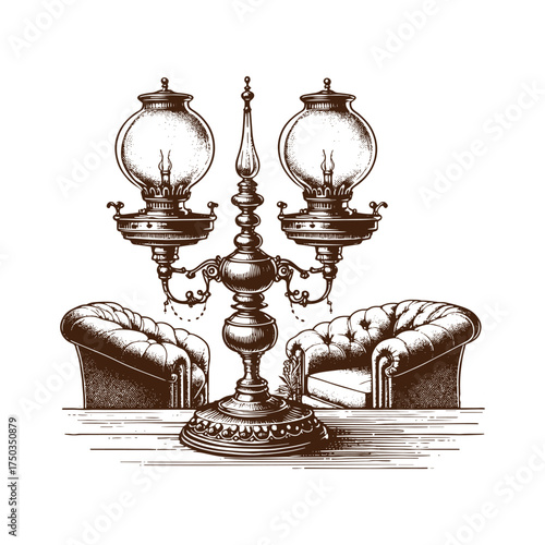 Vintage Three-Light Oil Lamp with Victorian Furniture