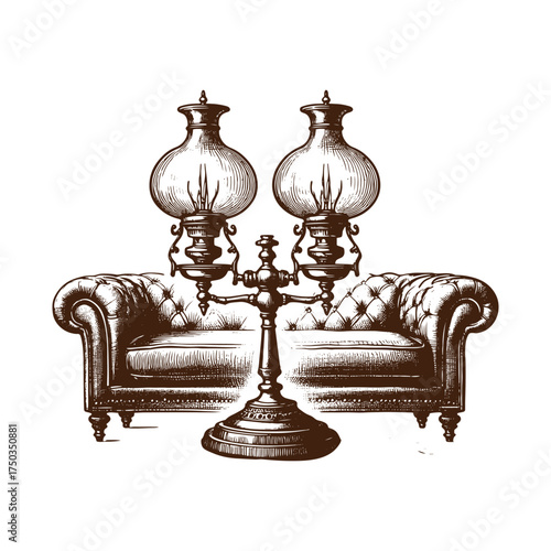 Vintage Three-Light Oil Lamp with Victorian Furniture