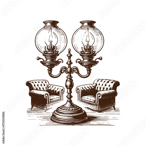 Vintage Three-Light Oil Lamp with Victorian Furniture
