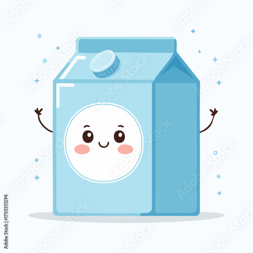 Adorable blue milk carton character with a happy face.