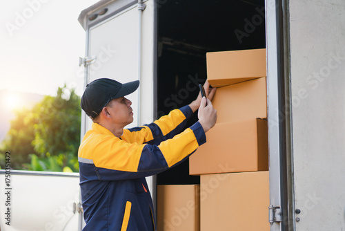 Delivery Person Loading Cardboard Boxes into Delivery Truck on a Bright Sunny Day