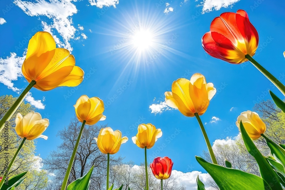 Obraz premium Spring tulips under a bright blue sky