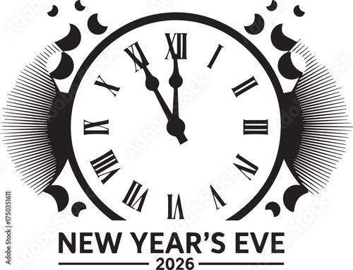 Black and white graphic illustration of a clock face with Roman numerals and festive circular elements for New Year's Eve 2026