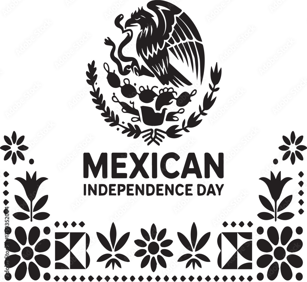 Fototapeta premium Black and white Mexican Independence Day graphic with national emblem and decorative elements Mexico