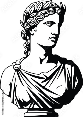 Ancient Greek Roman statue bust illustration, classical art sculpture vector, antique marble figure, historical goddess portrait, vintage engraving style, mythology character design