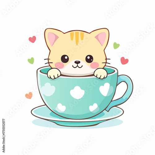 Adorable Cute Kitten in a Teacup with Hearts Illustration.