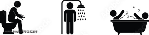 Bathroom hygiene stickman icons showing toilet use, showering, and bathing, clean minimalist vector illustration for personal care, sanitation, and daily hygiene design concepts