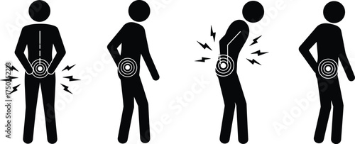 Back pain stickman icon set showing discomfort and spine injury, silhouette illustration for medical, health, physiotherapy, posture problem, lower back ache concept.
