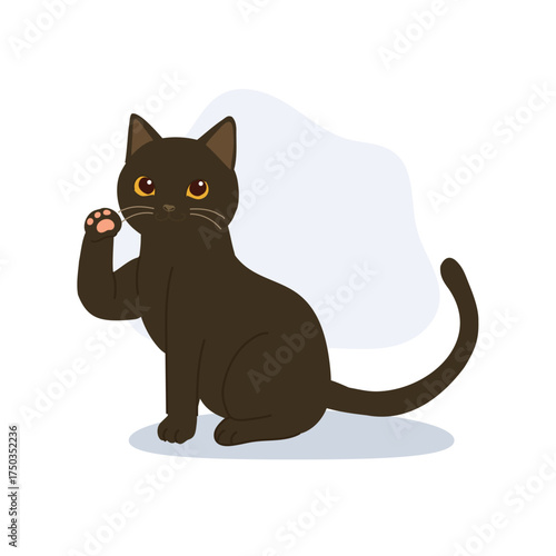 kawaii black cat. a cute feline sitting with paw up suitable for decoration pet designs.