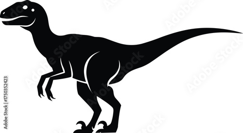 Black dinosaur silhouette vector illustration, prehistoric animal design with sharp claws and long tail, Jurassic predator art isolated on white background, graphic icon