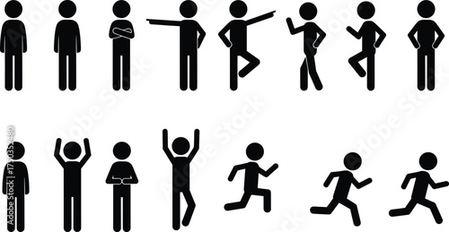 Black silhouette stickman people poses illustration, vector man body posture collection, standing, running, dancing, pointing, exercising, walking, jumping, gesture icons set