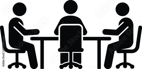 Business meeting discussion concept, three people sitting at office desk, teamwork collaboration vector illustration, corporate communication, interview or conference icon design