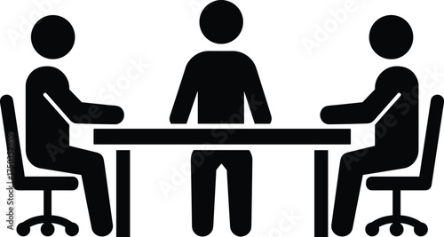 Business meeting discussion vector illustration, three stickman people sitting at office table communicating teamwork concept, corporate negotiation symbol, minimal black silhouette design