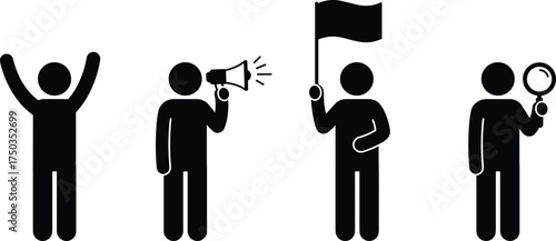 Business teamwork communication concept, people icons with megaphone flag magnifying glass and celebration gesture, leadership success collaboration illustration vector design
