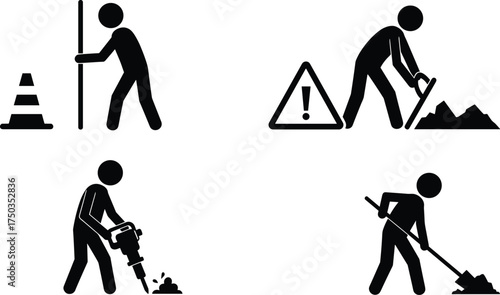 Construction workers icon set illustration, people performing road work, digging, drilling, and maintenance activities, safety warning concept, black silhouette vector design