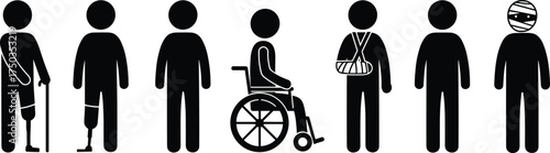 Disability icons set, injured people with cane, prosthetic leg, wheelchair user, arm sling, head bandage, diverse medical rehabilitation symbols vector illustration